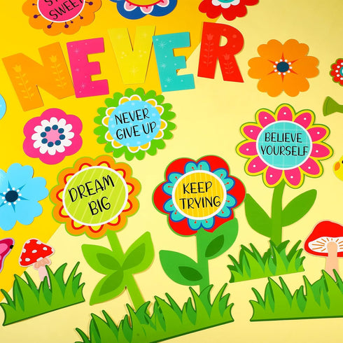 Funrous 90 Pcs Positive Bulletin Board Set, Summer Spring Classroom Theme Decor with Flower Cutouts