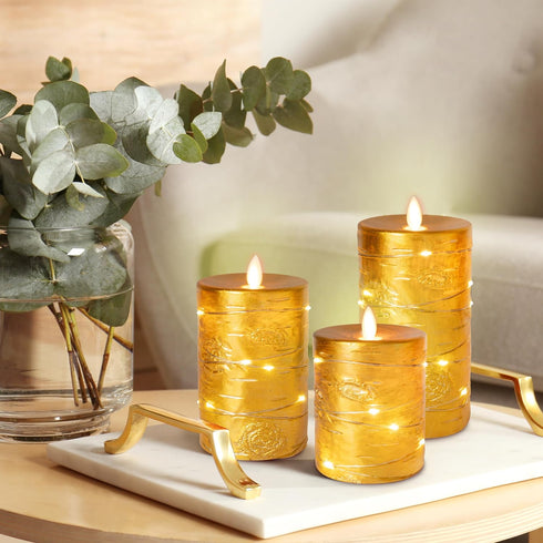 11-Button 24-Hour Da by Gold Flameless Candle, Battery-Powered Candle with Recessed String Light, LED Candle