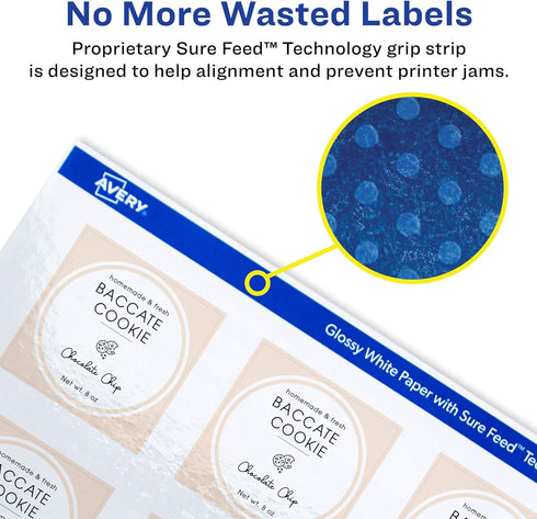 Avery Square Labels, 3" x 3", 30 Glossy White Labels with Sure Feed Technology (36480)