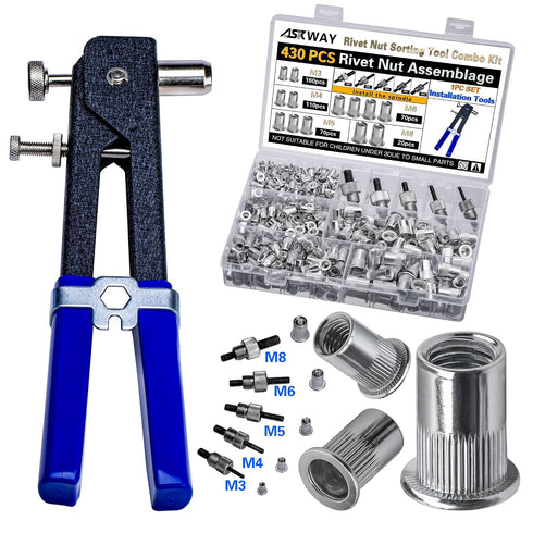 AskWay Pressure Rivet Nut Tool Kit, 430Pcs Aluminum Rivet Nut Combination (M8/M6/M5/M4/M3), Suitable