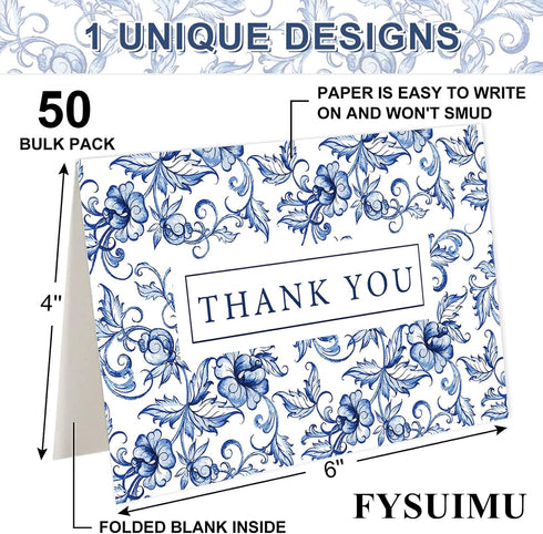 50 Pack 4 6 Inch FYSUIMU Blue White Floral Thank You Cards Boxed Chinoiserie Flower Greeting Cards With Envelopes