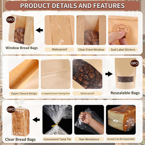 Bpole 3-in-1 50pcs Bread Loaf Bags for Homemade Bread - Bakery Paper Plastic Bags for Homemade Sourdough Bread