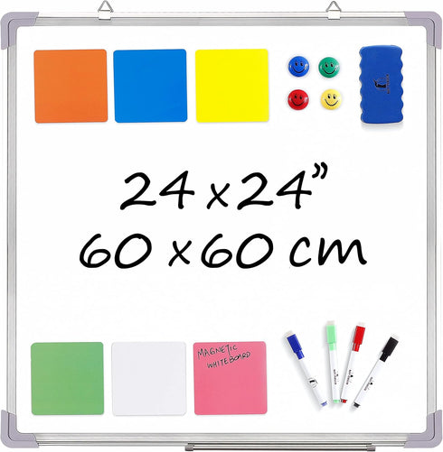 Whiteboard Set - 24 x 24 Dry Erase Board with 1 Magnetic Eraser, 4 Markers, 4 Magnets, 6 Labels for Home and Office