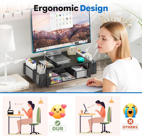 Simple Trending Desk Organizer and Accessories, Computer Metal Monitor Stand Riser with Drawer and Pen Holder