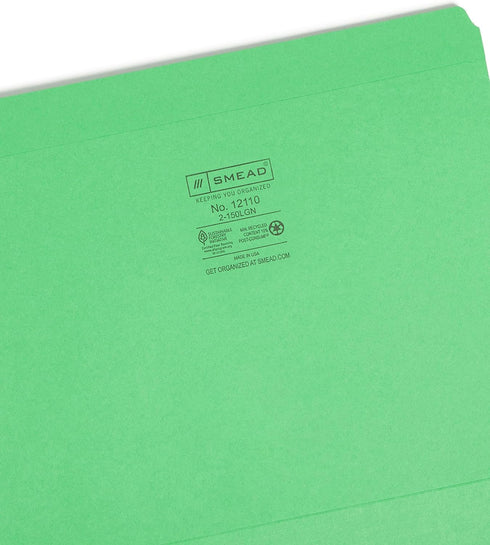 Smead File Folder, Reinforced Straight-Cut Tab, Green, Letter Size, 100 per Box (12110)