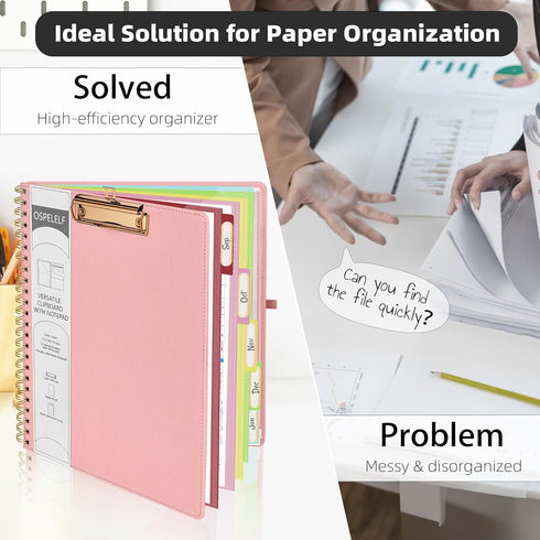 Ospelelf Pink Foldable Spiral Clipboard Folio with 39 Stickers, 5 Plastic Folders, 10 Pockets, Zipper Pouch, Refillable