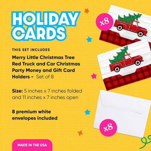 Set 8 Big Dot of Happiness Merry Little Christmas Tree - Red Truck and Car Christmas Party Money and Gift Card Holders