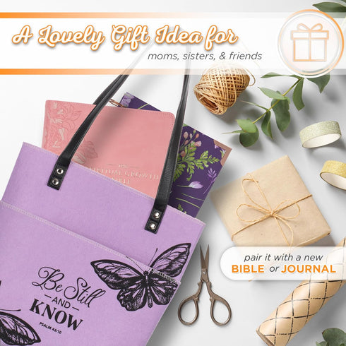 Christian Art Gifts Felt and Faux Leather Fashion Bible Cover Tote Bag with Inspirational Scripture