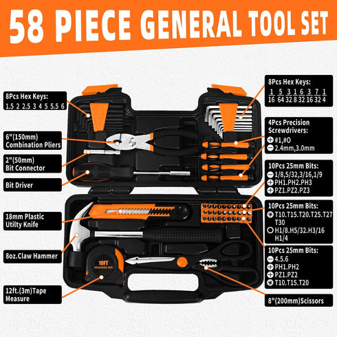 58-Piece Set, Toolbox Tool Kit Basic Home Repair Tool General Household Hand Tool Kit,Small Tool Kit with Plastic Mini