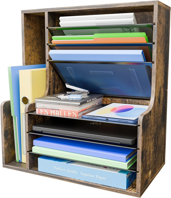 Simple Trending 7 Tier Desk File Organizer, Wooden Letter Tray Paper Organizer