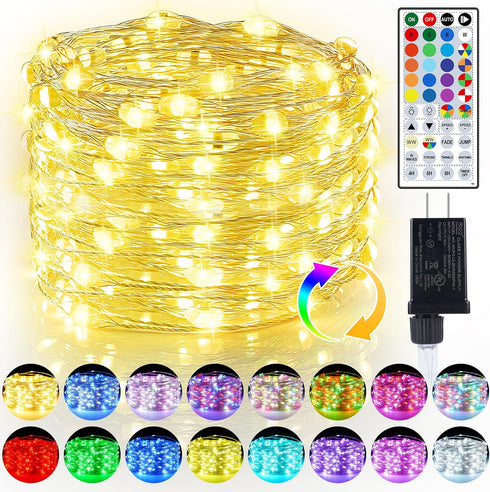 50ft Fairy Lights Plug in, Dimmable 25 Colors 14 Modes RGB+Warm White