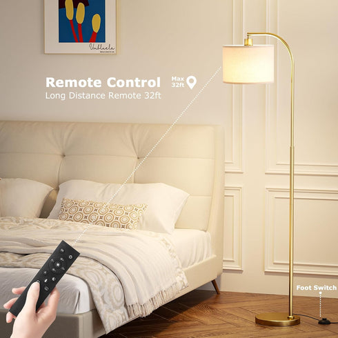 Dimmable Bulb, Ambimall Arc Floor Lamp with Remote and Stepless Colors Temperature & Brightness Adjustable, Gold Floor