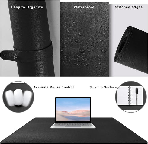 Cacoy Leather Desk Pad Protector, 36" x 20" Large Mouse Pad, Waterproof Desk Writing Pad for Office and Home, Black