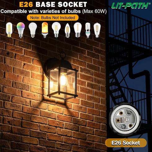 E26 1-Pack, LIT-PaTH Dusk to Dawn Outdoor Wall Lantern, Wall Sconce Waterproof Porch Lighting Fixture, Base, Aluminum