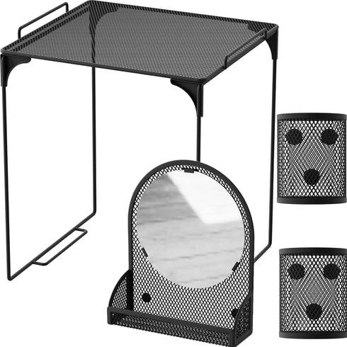 Locker Shelf with Magnetic Mirror & 2 Magnetic Pencil Cups, Mesh Metal Locker Organizer for School Decor