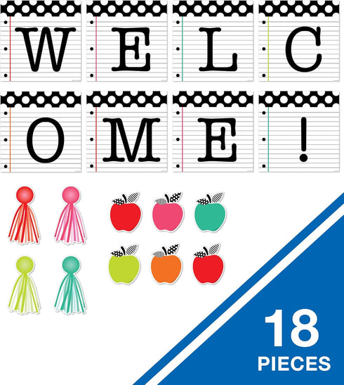 Schoolgirl Style Black, White and Stylish Welcome Bulletin Board Set—Inspirational Pennants, Colorful Tassels, Apple Cutouts, Welcoming Classroom Décor (18 pc) by Schoolgirl Style
