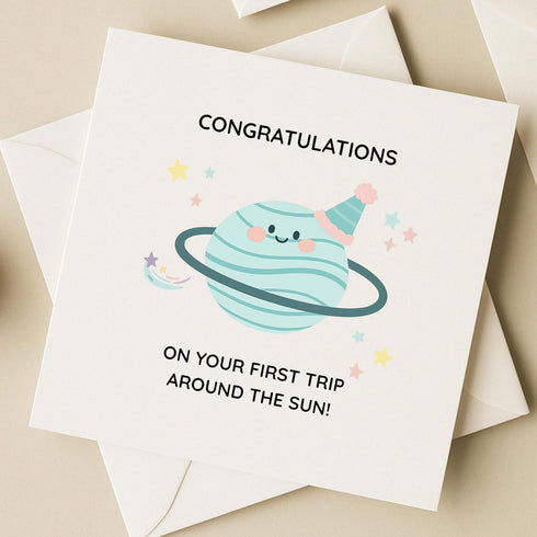 TEEMI 5x5 Inch -Congratulations Card for Babys First Birthday First Trip Around the Sun Space Planet Theme Cute Pastel