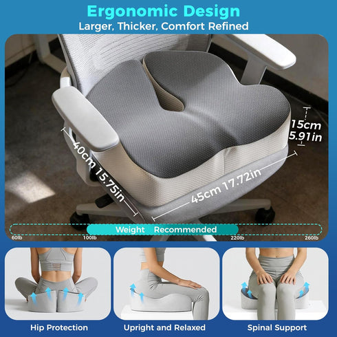 Tailbone Seat Cushion for Office Chair with Adjustable Loft, Thick Memory Foam Chair Cushion for Back & Sciatica Coccyx