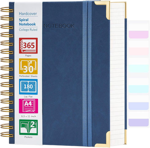 Spiral Notebook - 365 Page Hardcover College Ruled, 8.5" x 11", Large Leather Journal for Men Women, Blue
