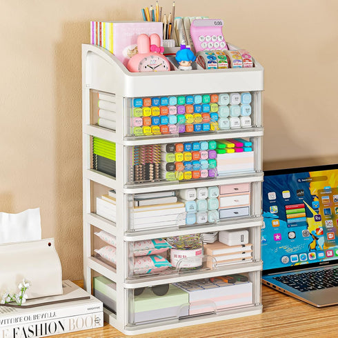 Desk Organizer with Drawers, 5 Drawers Storage Organizer for Office Supplies, Plastic Stationary Organizer, Makeup