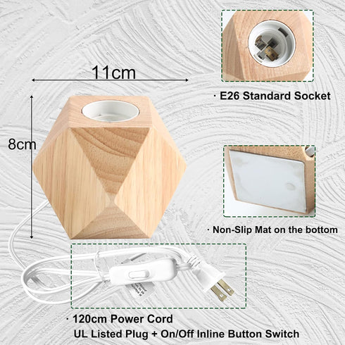 E26 60W Bulb) OuXean Small Wood Table Lamp, Bedside Lamp with Diamond Wooden Base Industrial Night Light Boho Deco