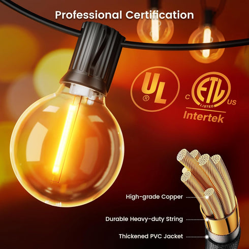 27FT 13 Dimmable G40 Bulbs(1 2200K E12 OHLUX Outdoor String Lights, LED Patio Lights with Plastic Globe Spare)