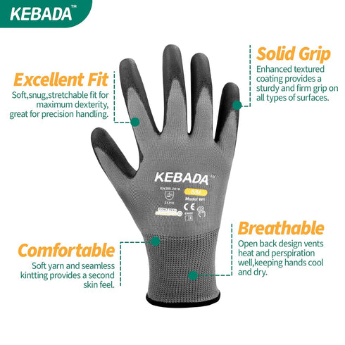 W1 Work Gloves for Men and Women,Touchscreen Working Gloves with Grip,12 Pairs Bulk Pack Mechanic Gloves,PU Coating on Palm & Fingers,Breathable Mens Gardening Gloves,Lightweight,Gray Small