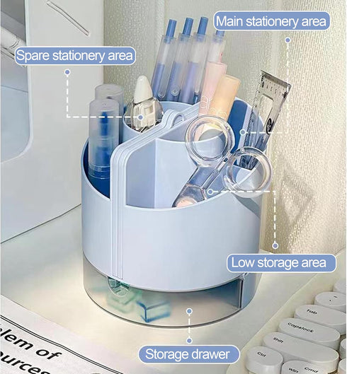 Pencil Pen Holder for Desk with Calculator, Mirror, 7 Slots, 180° Opening, Desktop Storage for Office, School, Home