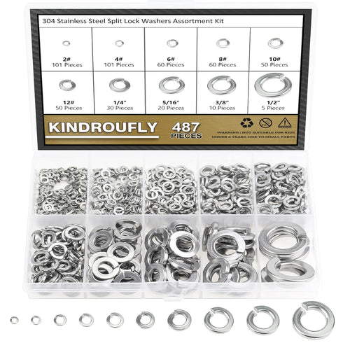 487 Pieces 304 Stainless Steel Lock Washers Assortment Kit, Kindroufly Split Lock Washers, 10 Sizes, 1/2" 3/8" 5/16"