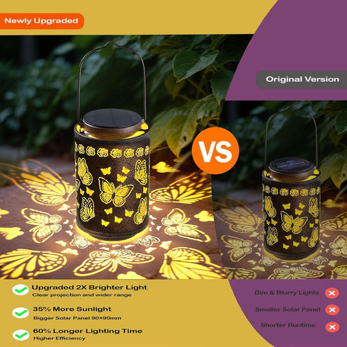 Outdoor Solar Butterfly Lantern Waterproof, Hanging Metal Garden Lantern with Warm Butterfly Projection, Decorative