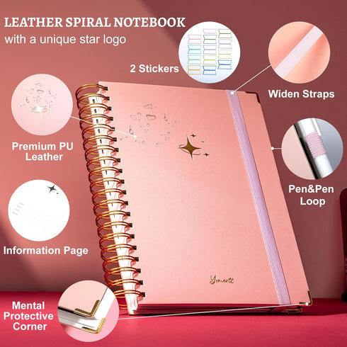 Spiral Notebook with Dividers 360 Pages 5 Subject Notebooks for Work School Note taking 7.3"x10.4" Large Leather College Ruled Notebook with Tabs Hardcover Spiral Lined Journal for Women Men Writing by Yoment