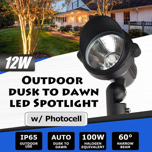 GBS9912 120V 12W 5000K 3 Outdoor LED Spotlight with Photocell Sensor, Daylight White, Photocell Enabled, FT Cord