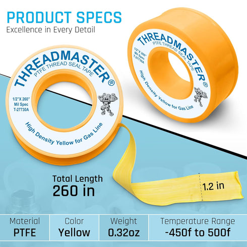 Yellow Gas Pipe Thread Sealant Tape - Pack of 2-260" Length 1/2" Width Thread Seal Tape - for Propane, Natural Gas, and More