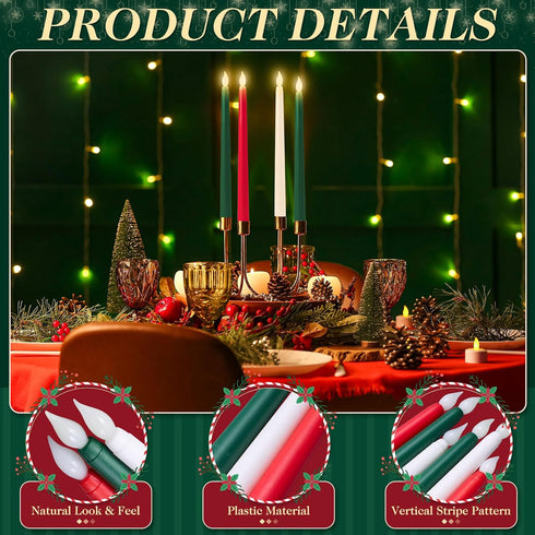 6 11'' Baquler Pcs Christmas Flameless Taper Candles Green Red White Battery Operated Candles LED Plastic Flickering