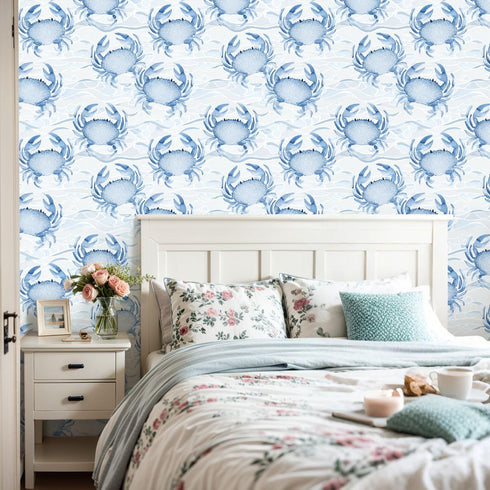 Kanworse 24"x118" Peel and Stick Wallpaper Blue Crab Watercolor Soft Waves Delicate Details Contact Paper Removable