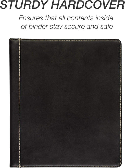 Samsill 0.5 Inch 3 Ring Binder, Leather, Black with Contrast Stitching, 8.5 x 11 Inch, Notebook Binder, Portfolio