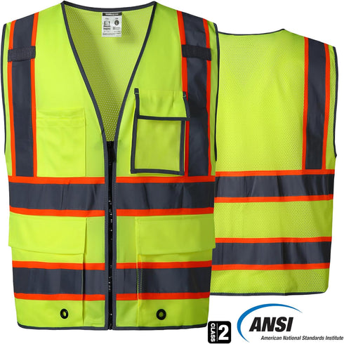 SKSAFETY 10 Pockets Safety Vest, Class 2 High Visibility Security with Zipper Back Mesh, Hi Vis Vest with Reflective