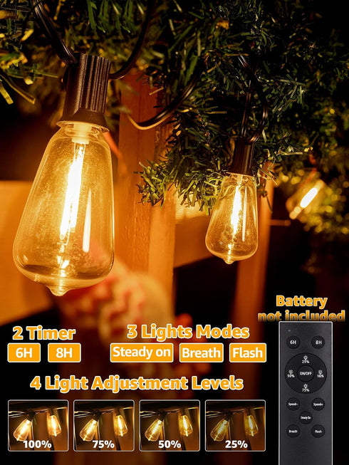 Dimmable 50 2 3 2200K 2 Bulbs Outdoor String Lights with Remote, FT Outdoor Lights with Timer and Modes, Waterproof