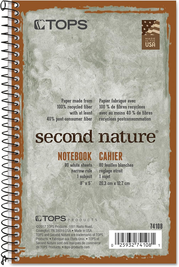 TOPS Second Nature Notebook, Green Cover, Recycled, 5 x 8 Inches, Narrow Rule, 80 Sheets per Book (74108)