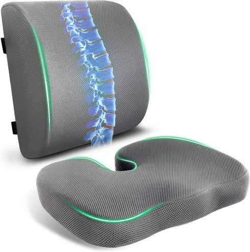 FuturaLoom Seat Cushion & Adjustable Lumbar Support Pillow Set, Charcoal Memory Foam Back