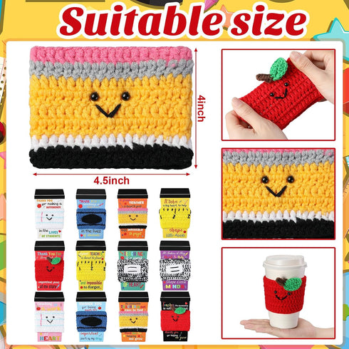 Zhehao 12 Set Teacher Appreciation Gift Card Crochet Coffee Cup Sleeve Composition Notebook Crayon Thank You