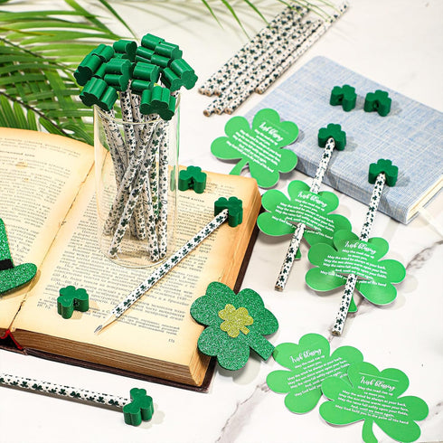 St. Patrick's Day Pencils, Shamrock Pencils with Card, Green Pencils with Greeting Cards, 100 Sets for Gifts