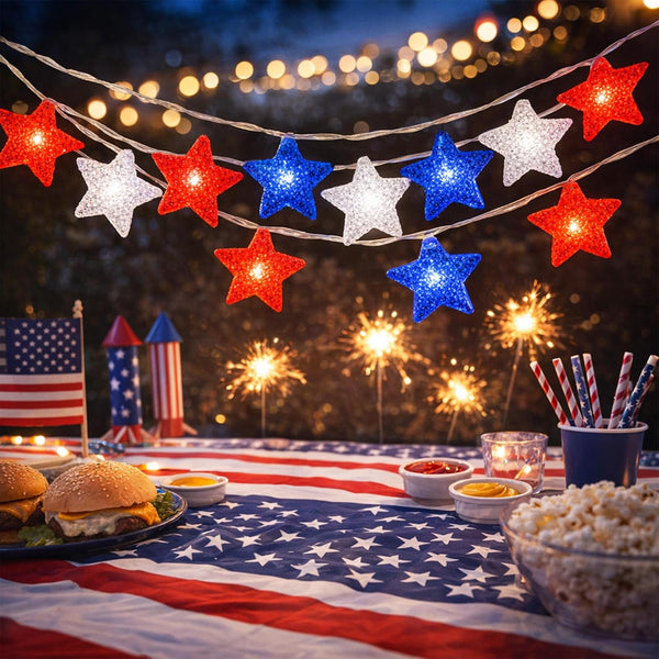 Generic Red White Blue Star Shaped String Lights, Independence Day Star Lights for