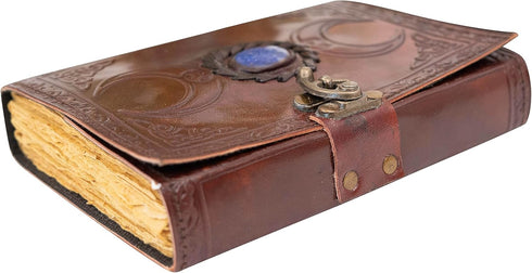 Moon Blue Lapiz Gemstone Studded Writing Handmade Leather Notebook, Unlined Antique Deckle Edge Vintage Paper, Great