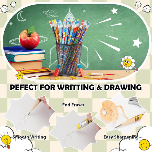 Handepo 72 Pieces Attendance Pencils with Eraser, Assorted Wooden Pencils for Kids, Student Carnival Prize, 4 Styles