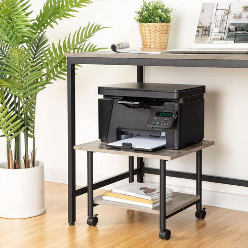 HOOBRO 2-Tier Printer Stand, Industrial Under Desk Cart with Shelf, Mobile Heavy Duty Storage Rack on Wheels, Grey and