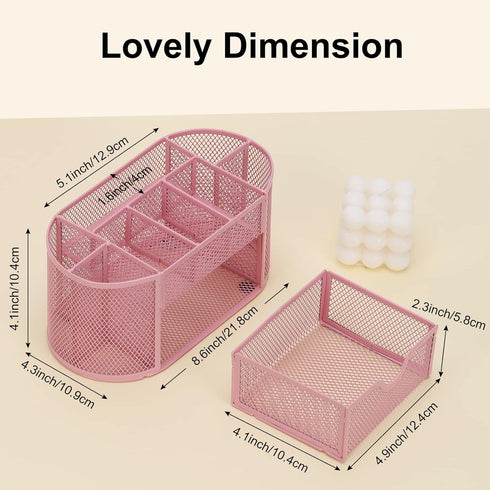 EOOUT Pink Desk Organizer, Pen Holder for Desk and Accessories, Mesh Desk Organizer with 8 Compartments and 1 Drawer for Office Home School Classroom by EOOUT