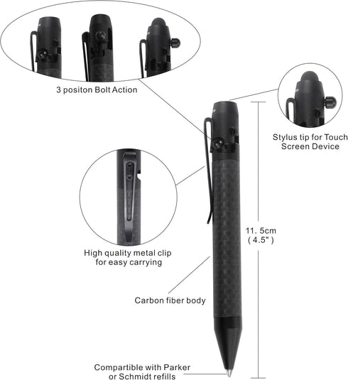 Cool Hand 4.9'' Carbon Fiber Bolt Action Pen Stylus for Touch Screen, Ballpoint Ink Refillable, Compact Size, Skelton
