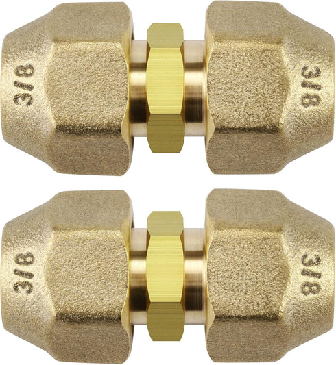 2 Packs AC Copper Pipe Extension Joint Connectors, 3/8-Inch Air Conditioning Pipe Coupling Adapters with Flare Nuts
