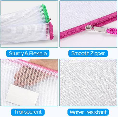 Sooez 14 Pack Mesh Zipper Pouch Bags, A4 Size Waterproof Zipper Pouches for Classroom Organization, Office Supplies